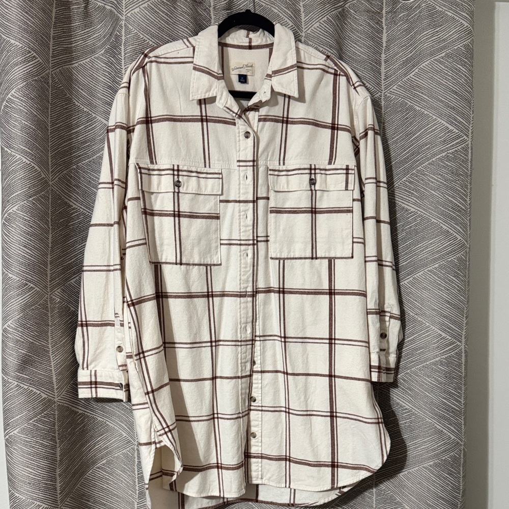 Plaid Button-Up Shirt Dress in Cream and Brown
